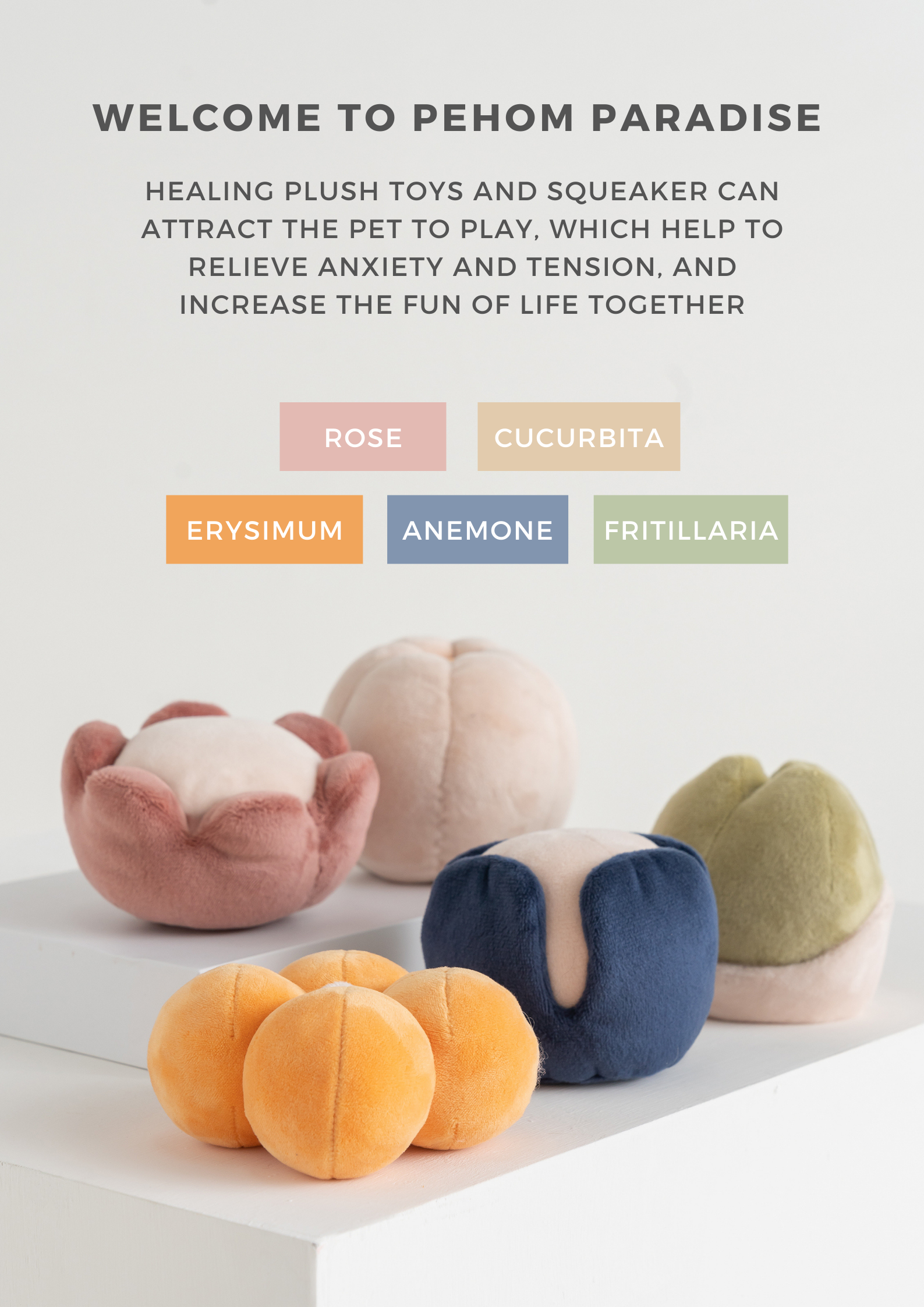 Healing plush toys with different colors on a white surface, accompanied by text about their benefits.