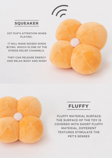Fluffy pet toy with text describing features on a light background