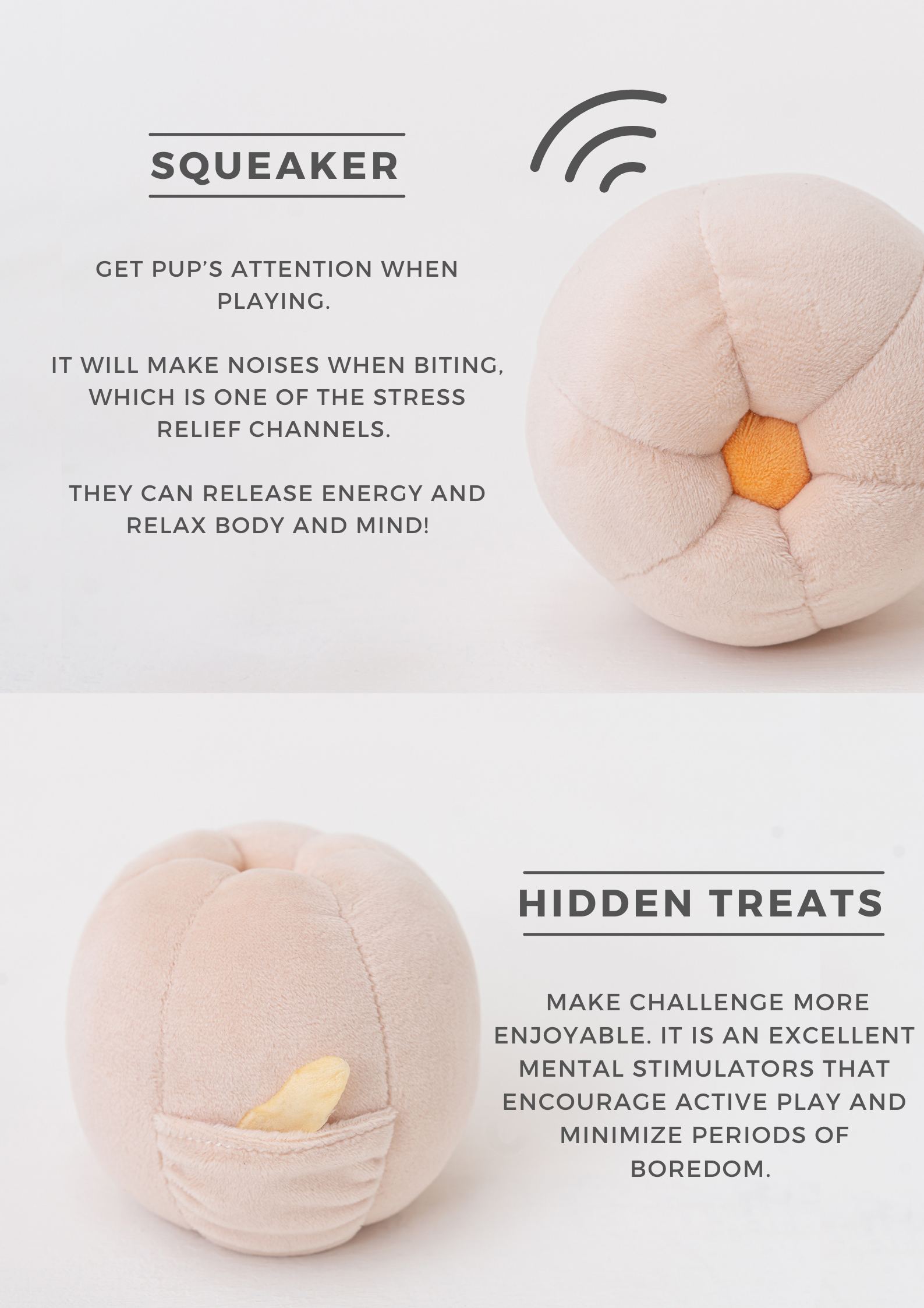 Text about a squeaker toy for pets with a picture of the toy on a light background.