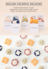 Colorful soft toys with packaging labeled 'PEHOM' on a beige background.