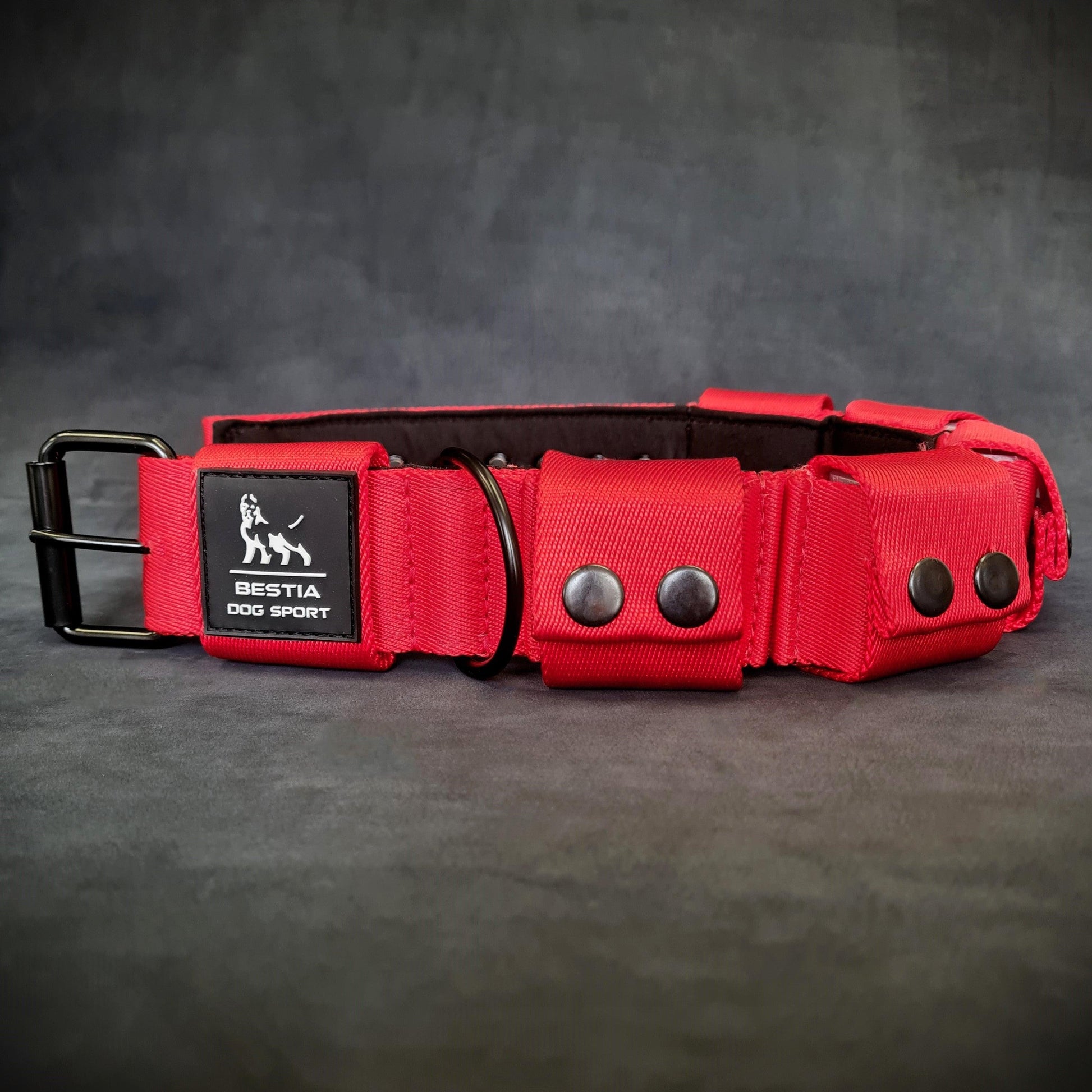 Red dog collar with black buckle and visible brand logo on a dark gray background