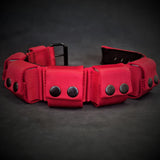 Red dog collar with black buttons on a dark background